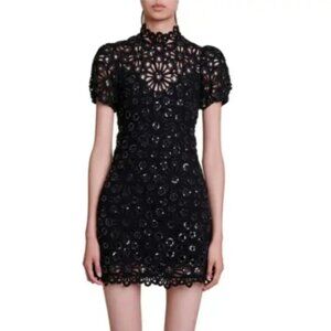 NWOT Maje Black Sequin & Crochet Backless Mini Cocktail Party Dress Size FR 40